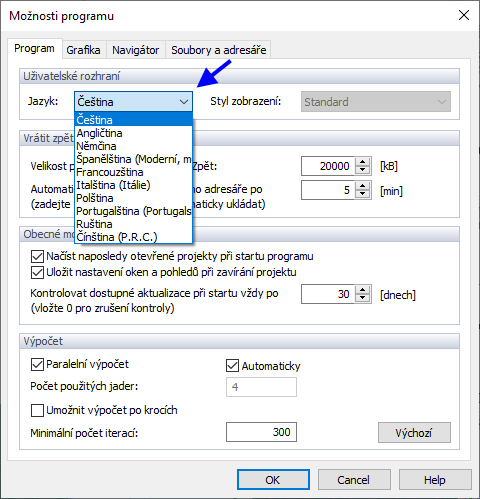 Možnosti programu, Výběr jazyka